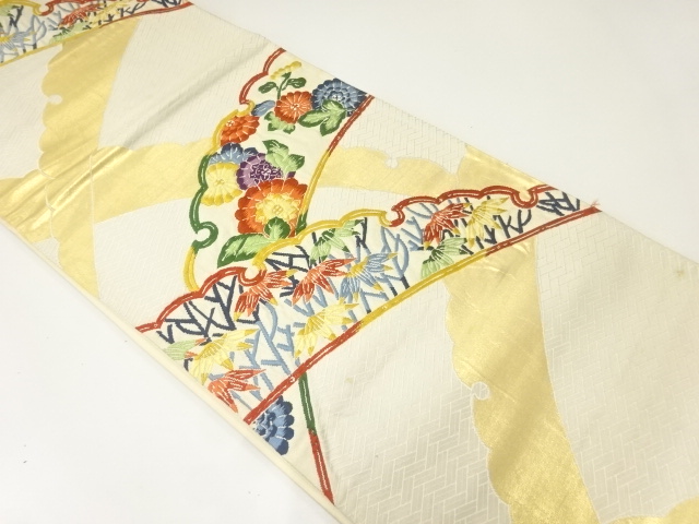 JAPANESE KIMONO / ANTIQUE FUKURO OBI / SILK / WOVEN SNOWFLAKE & FLORAL PLANTS